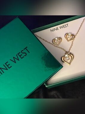 Nine West Gold Heart Necklace and Heart Stud Earrings Set